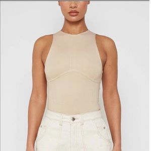 CONTRAST STITCH RACER BODYSUIT - BEIGE